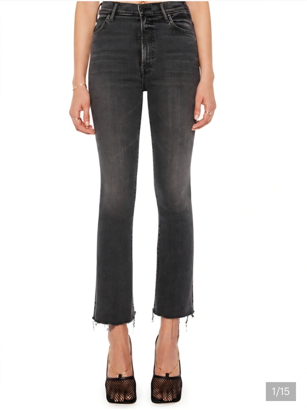 MOTHER The Hustler Ankle Fray Faded Black Wash Crop Flare Jeans Womens Size 27